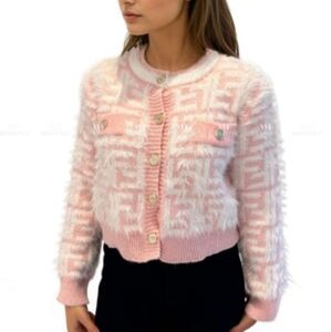 Pink and White Fuzzy Double F Cardigan